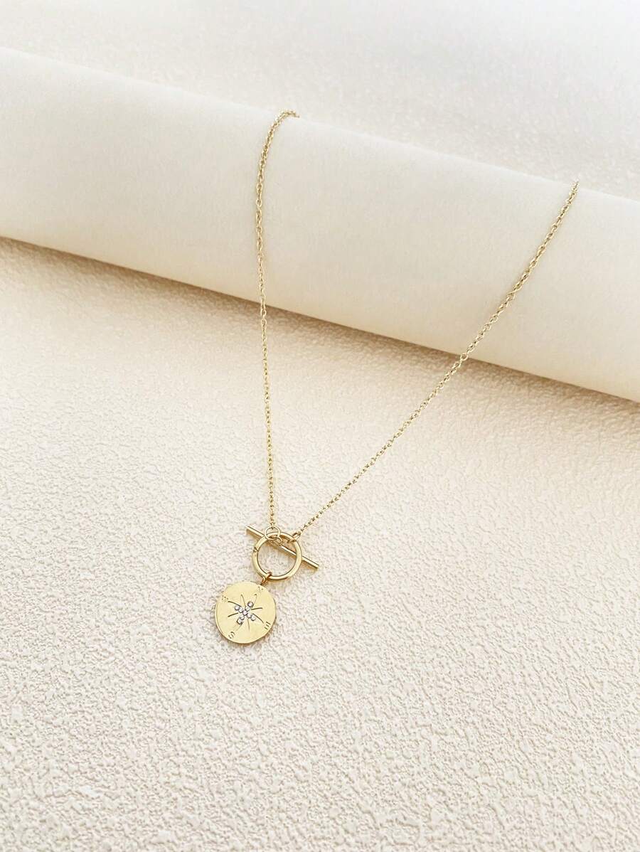 1入組時尚不銹鋼水鑽裝飾圓形吊墜項鍊適合女士日常裝飾 - 金色 - 查看 1