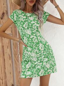 SHEIN VCAY Allover Print Batwing Sleeve Dress - Mint Green - View 6