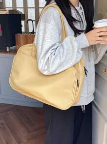 Túi du lịch tối giản có dây kéo màu trơn thể thao - Màu vàng - Xem 3