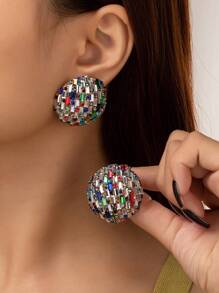 1pair European And American Style Round Crystal Round Earrings For Women, Exaggerated Ear Studs With Inlaid Rhinestone - Multicolor - View 1