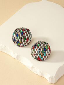 1pair European And American Style Round Crystal Round Earrings For Women, Exaggerated Ear Studs With Inlaid Rhinestone - Multicolor - View 2