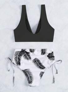 SHEIN Swim Summer Beach Tropical Print Drawstring Side Bikini Set - Black and White - View 6