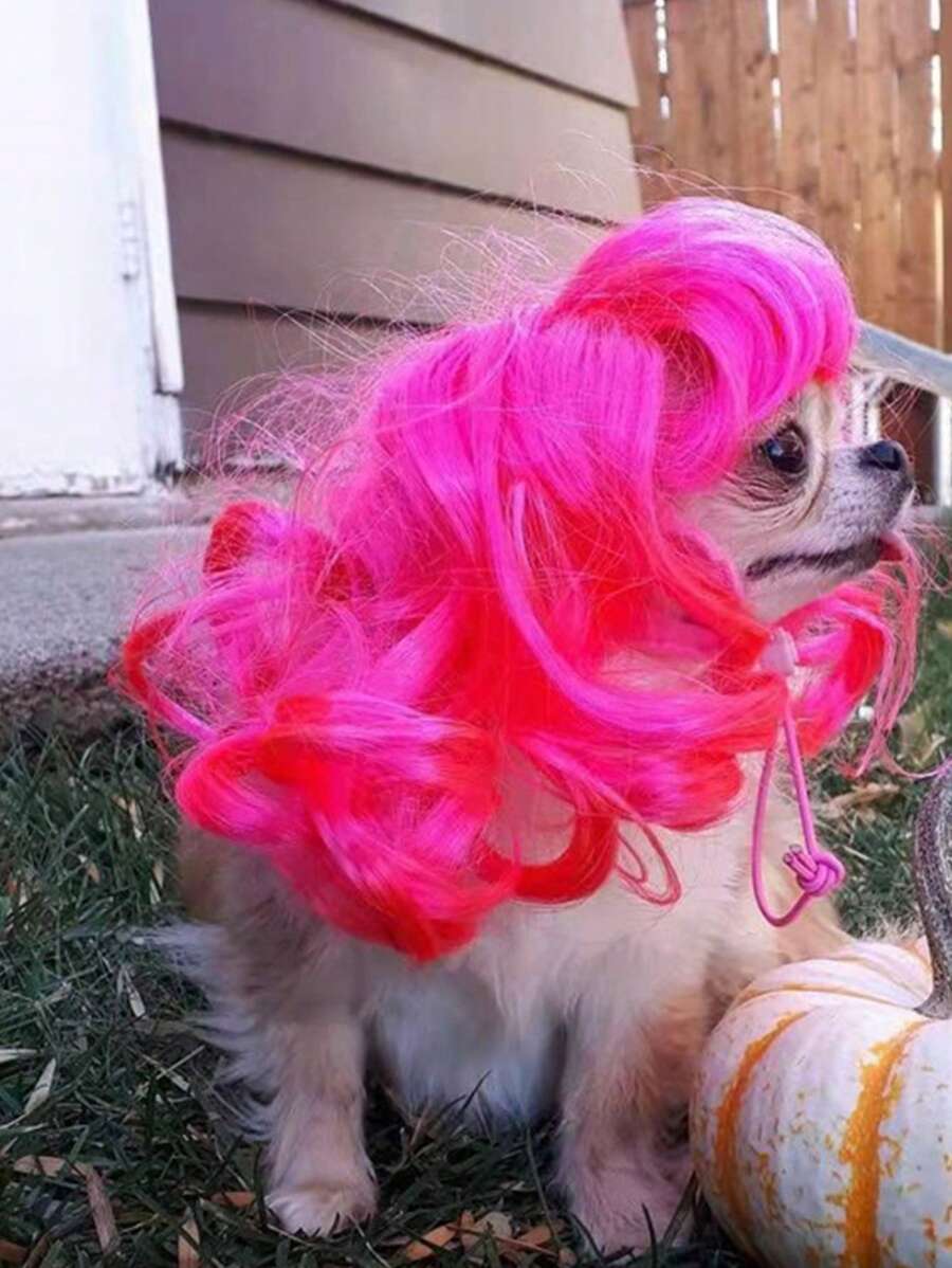 1pc Solid Color Pet Wig For Dog And Cat For Decoration - Hot Pink - View 1