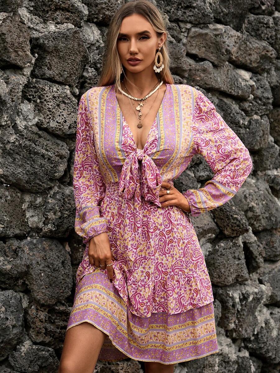 GENKIRA Đầm Viên lá sen phân lớp Thắt nơ trước Paisley Boho - Nhiều màu - Xem 1