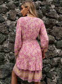 GENKIRA Đầm Viên lá sen phân lớp Thắt nơ trước Paisley Boho - Nhiều màu - Xem 2