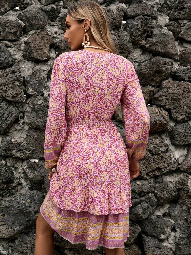GENKIRA Đầm Viên lá sen phân lớp Thắt nơ trước Paisley Boho - Nhiều màu - Xem 2