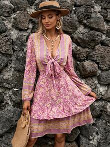 GENKIRA Đầm Viên lá sen phân lớp Thắt nơ trước Paisley Boho - Nhiều màu - Xem 3