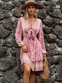 GENKIRA Đầm Viên lá sen phân lớp Thắt nơ trước Paisley Boho - Nhiều màu - Xem 5