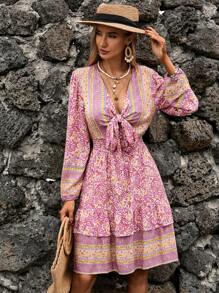 GENKIRA Đầm Viên lá sen phân lớp Thắt nơ trước Paisley Boho - Nhiều màu - Xem 6