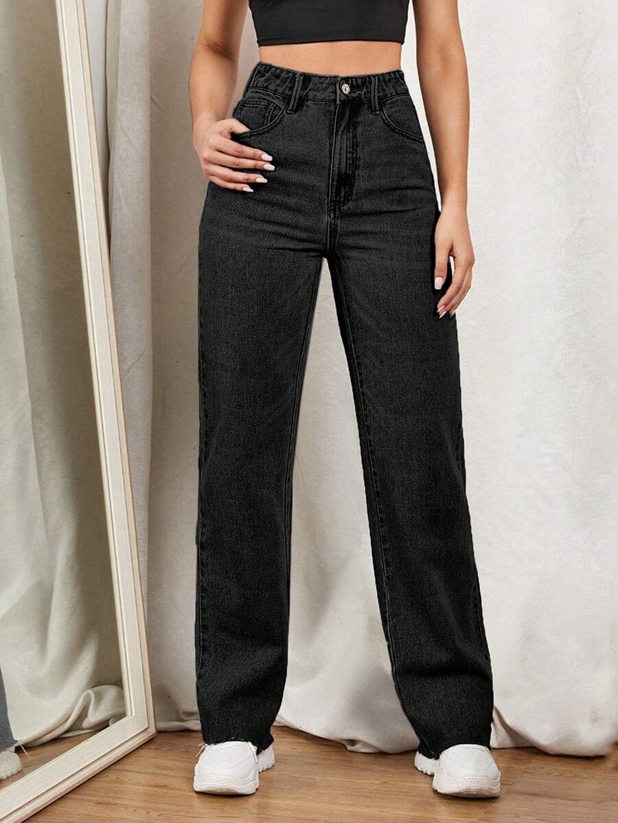 SHEIN EZwear Women Jeans Tombol Kantong Zip Plain - Hitam - View 1
