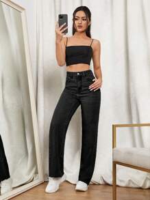 SHEIN EZwear Women Jeans Tombol Kantong Zip Plain - Hitam - View 2