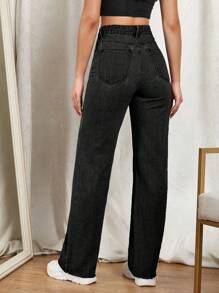 SHEIN EZwear Women Jeans Tombol Kantong Zip Plain - Hitam - View 3