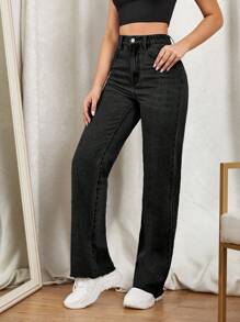 SHEIN EZwear Women Jeans Tombol Kantong Zip Plain - Hitam - View 4