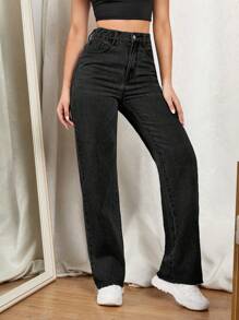 SHEIN EZwear Women Jeans Tombol Kantong Zip Plain - Hitam - View 5
