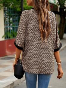 SHEIN LUNE Allover Print Contrast Trim Batwing Sleeve Blouse - Brown - View 2