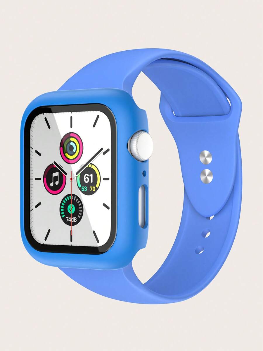 Bộ dây đeo đồng hồ & vỏ đồng hồ & bảo vệ màn hình bằng silicon màu xanh lam, tương thích với Apple Watch - Màu xanh lam - Xem 1