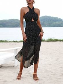 GENKIRA Đầm Lộ Lưng Cắt ra Buộc lại Chấm bi Boho - màu đen - Xem 1