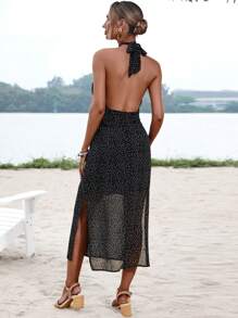 GENKIRA Đầm Lộ Lưng Cắt ra Buộc lại Chấm bi Boho - màu đen - Xem 2