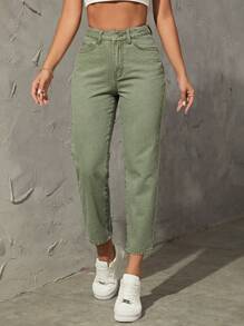 SHEIN Frenchy Jeans de ajuste mom de talle alto - Verde militar - Ver 1