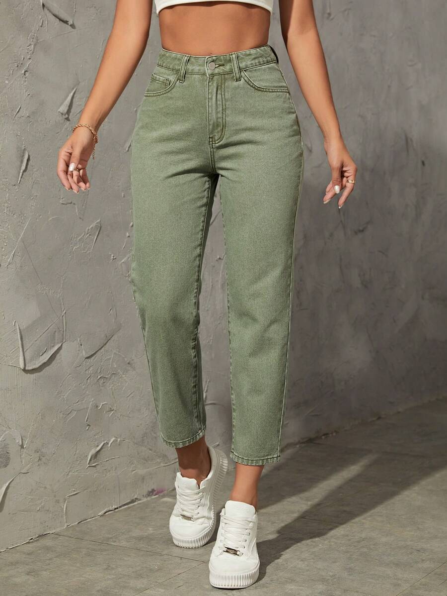 SHEIN Frenchy Jeans de ajuste mom de talle alto - Verde militar - Ver 1