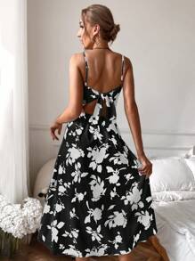 SHEIN Frenchy Đầm Buộc lại xoắn lại Hoa Tất cả trên in Boho - Đen và trắng - Xem 2