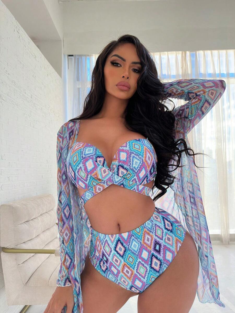 Bộ Bikini In Hoa Toàn Thân Kèm Kimono, Cho Kỳ Nghỉ Hè Ở Bãi Biển - Nhiều màu - Xem 1