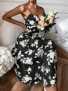 SHEIN Frenchy Đầm Buộc lại xoắn lại Hoa Tất cả trên in Boho - Đen và trắng - Xem 6