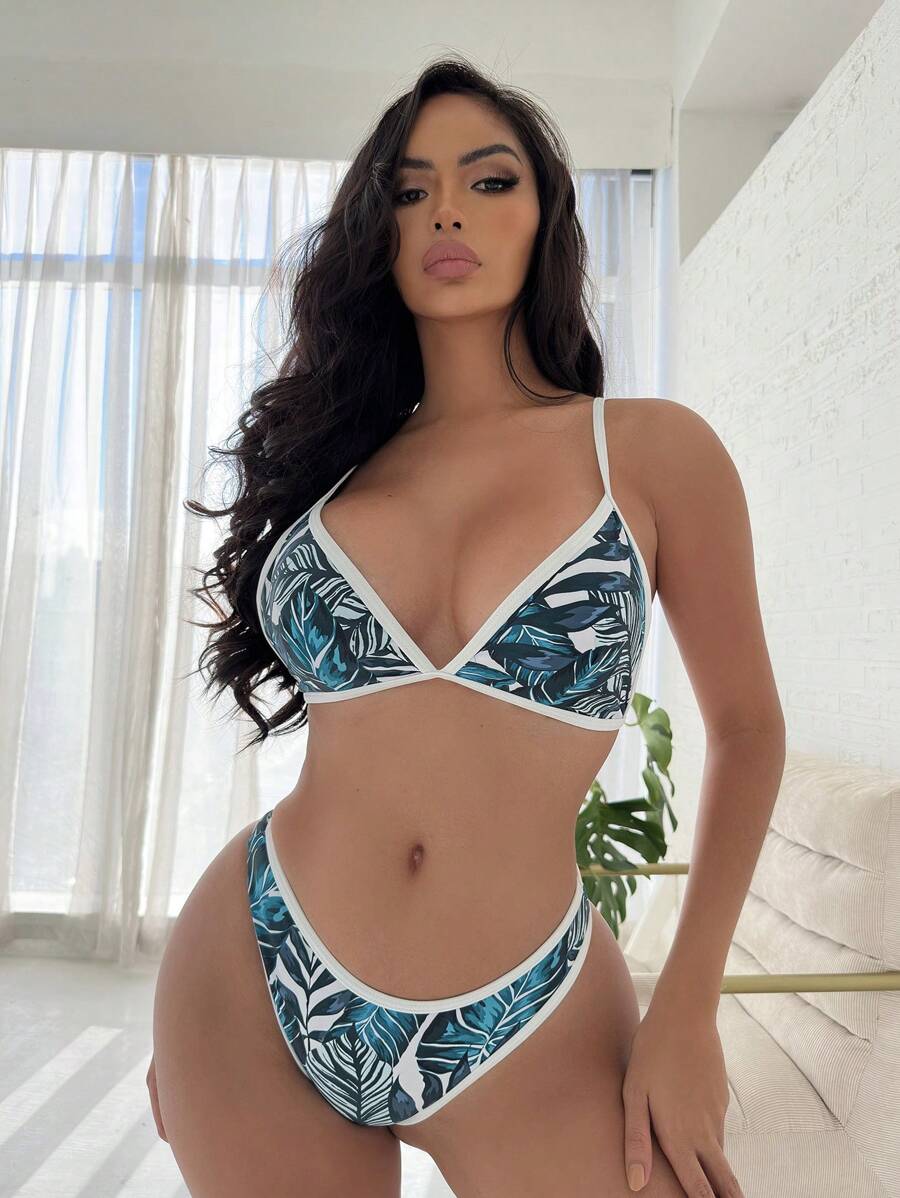 Bañador bikini triángulo con estampado tropical unido en contraste - Multicolor - Ver 1