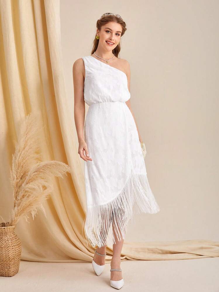 SHEIN Belle 單肩流蘇下擺蕾絲婚紗洋裝不附面紗 - 白色 - 查看 5