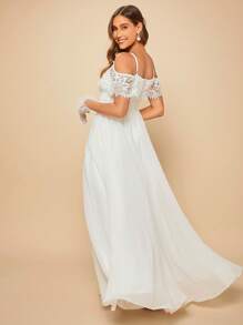 SHEIN Belle 挖肩水溶蕾絲拼接婚紗連衣裙不附帶手套和頭紗 - 白色 - 查看 3