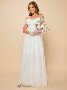 SHEIN Belle 挖肩水溶蕾絲拼接婚紗連衣裙不附帶手套和頭紗 - 白色 - 查看 4