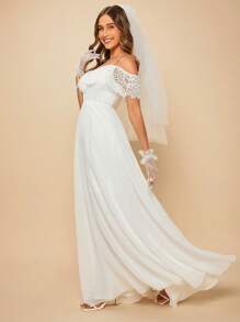 SHEIN Belle 挖肩水溶蕾絲拼接婚紗連衣裙不附帶手套和頭紗 - 白色 - 查看 6