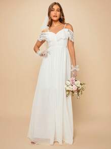 SHEIN Belle 挖肩水溶蕾絲拼接婚紗連衣裙不附帶手套和頭紗 - 白色 - 查看 8