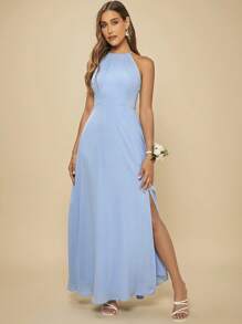 SHEIN Belle Váy phù dâu Hội Chữ thập Dây kéo Tách cao màu trơn - Màu xanh nhạt - Xem 1