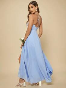 SHEIN Belle Váy phù dâu Hội Chữ thập Dây kéo Tách cao màu trơn - Màu xanh nhạt - Xem 2