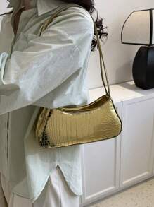 Medium Bag Crocodile Embossed Metallic Funky - Gold - View 2