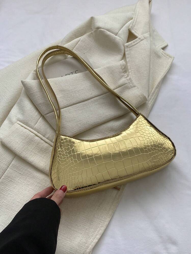 Bolso baguette medio con cocodrilo en relieve de color metálico miedoso - Dorado - Añade 6