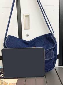 Bolso bandolera mediano Decoración de parche con letras Bolso vaquero con detalle de tachuelas - Azul - Ver 5