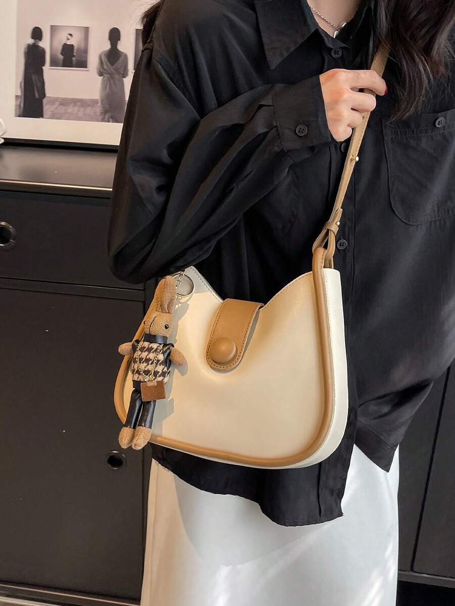 Medium Hobo Bag Contrast Binding Button Decor With Bag Charm - Multicolor - View 1