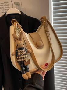 Medium Hobo Bag Contrast Binding Button Decor With Bag Charm - Multicolor - View 2