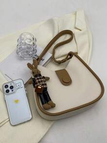 Medium Hobo Bag Contrast Binding Button Decor With Bag Charm - Multicolor - View 3