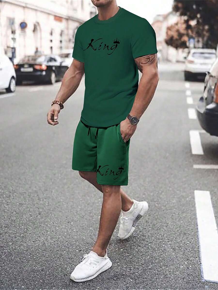 Manfinity Homme 男士字母圖案T恤和腰部抽繩短褲 - 墨綠色 - 查看 1