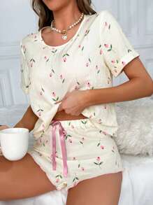 Bộ đồ ngủ Nữ Hoa Tất cả trên in - Màu be - Xem 3