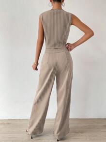 Chiquease 條紋印花馬甲西裝外套和闊腿褲 - 卡其色 - 查看 2