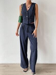 Chiquease Striped Print Vest Blazer & Wide Leg Pants - Navy Blue - View 3