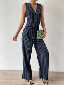 Chiquease Striped Print Vest Blazer & Wide Leg Pants - Navy Blue - View 4