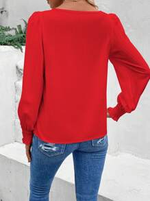 SHEIN LUNE 新年服装花边蕾丝插片灯笼袖衬衫 - 紅色 - 查看 2