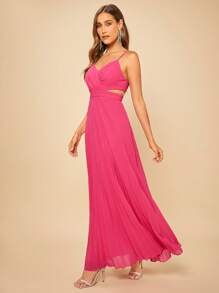 SHEIN Belle 素色百褶下擺吊帶裙伴娘禮服 - 玫紅色 - 查看 4