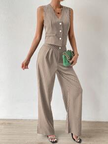 Chiquease 條紋印花馬甲西裝外套和闊腿褲 - 卡其色 - 查看 6