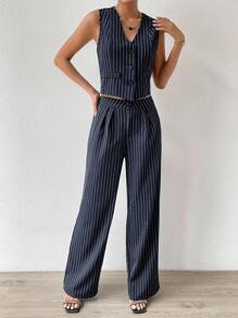Chiquease Striped Print Vest Blazer & Wide Leg Pants - Navy Blue - View 6